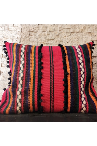 Kırmızı Kilim Boho Etnik Ponponlu İç Dolgulu Kırlent Yastık 45x35 Cm Kırmızı Turuncu Yeşil Siyah