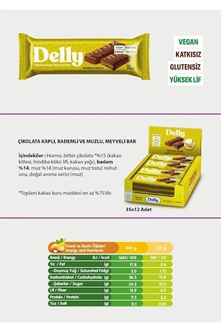 Delly Çikolata Kaplı Bademli Muzlu Bar 12 x 35 G