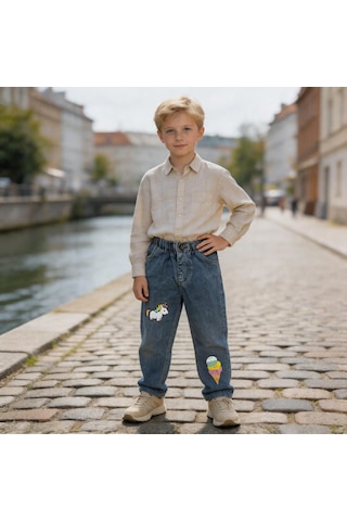 Kaizer Jeans Dondurma & Unicorn Baskılı Kar Yıkama Çocuk Pantolonu Mavi