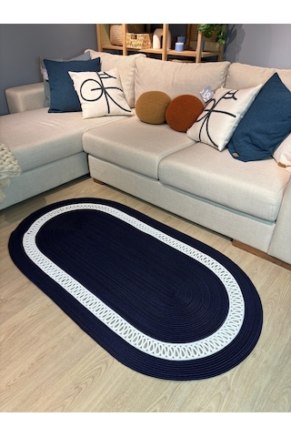 Mavaux Lotus Jüt Hasırlı El Örgüsü Kilim Lacivert - Beyaz