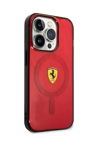 İphone Uyumlu 14 Pro Max Kılıf Ferrari Magsafe Şarj Özellikli Yarı Transparan Dizayn Kapak Kırmızı