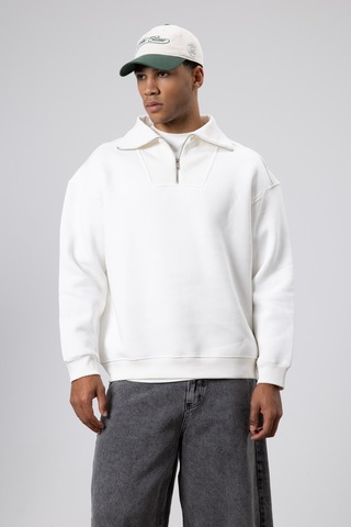 Vamos Basic Fermuarlı Dik Yaka Sweatshirt Ekru