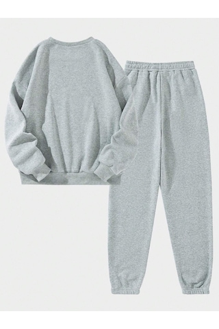 Strgrl Athletics Eşofman Takımı Sweatshirt Jogger - Gri Baskılı Oversize Şardonlu Bisiklet Yaka Gri