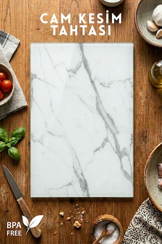 Klasik Mermer Desenli Cam Kesim Tahtası - 25x35cm -dayanıklı Ve Pratik Kesim Matı Beyaz