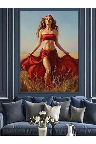 Kırmızı Elbiseli Seksi Pin-up Dekoratif Kanvas - Mdf Ahşap Tablo