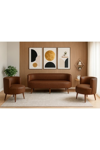 Sydney Koltuk Takımı 3+1+1 Dekoratif Modern Deri Koltuk Seti Ofis Ve Ev Kullanımı - Acı Kahve Acı Kahve