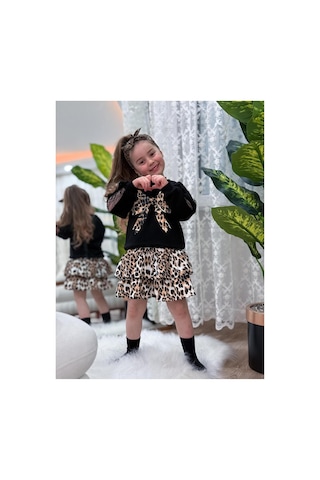 Nehirim Kids Kız Çocuk Uzun Kollu Leoparlı Ve Dantelli Salopet Mevsimlik Elbise 3-4-5-6-7-8-9-10 Yaş Siyah