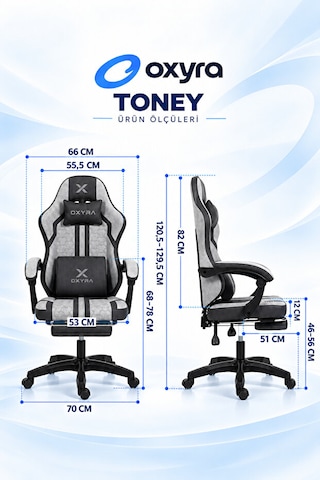 Oxyra Toney Premium Ergonomik Terletmez Kumaş Ayak Destekli Gri Oyuncu Koltuğu GRi Siyah