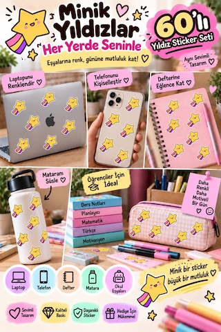 60'lı Kuyruklu Yıldız Sticker Seti Yıldız Çıkartma Laptop, Telefon, Defter, Matara Sticker Çok Renkli