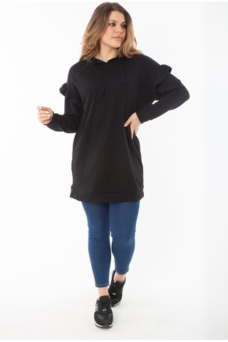 Kadın Büyük Beden Siyah İçi Şardonlu Üç İplik Kol Detaylı Kapşonlu Sweatshirt 65n37299-siyah Siyah