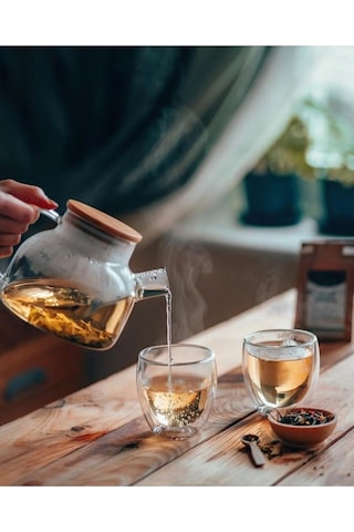 1000 Ml Isıya Dayanıklı Borosilikat Cam Demlik Metal Süzgeçli, Bambu Kapaklı Şeffaf