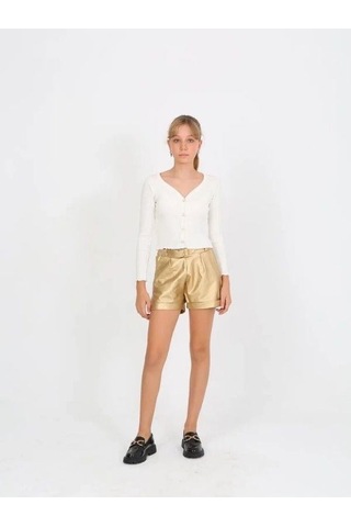 Kız Çocuk Beli Kemerli Duble Paça Gold Deri Şort-14824 Altın