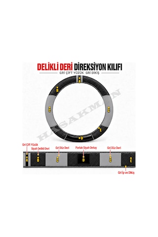 Citroen C4 Cactus Dikme Direksiyon Kılıfı Delikli Deri Parlak Siyah Gri Detay Çift Yüzük Ve Dikiş 2018-2020