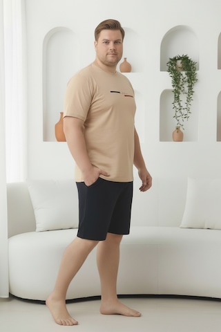 Seboteks %100 Pamuklu Kısa Kollu Cepli Büyük Beden Erkek Şortlu Pijama Takımı 2035 Bej