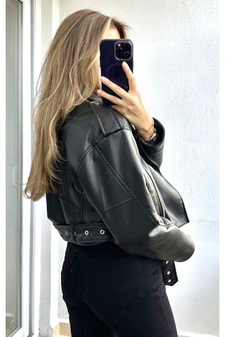 Prifaldi Suni Deri Crop Bıker Ceket Siyah