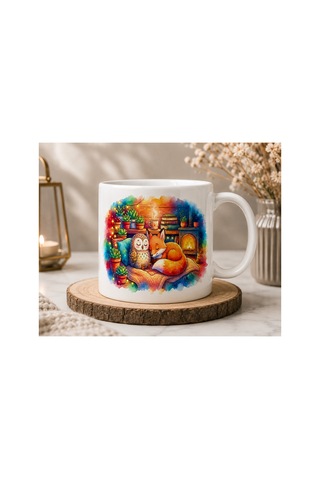Tilki Ve Baykuş Seramik Kupa 300 Ml Çift Taraflı Baskı Cozy Orman Temalı Kahve Kupası Beyaz