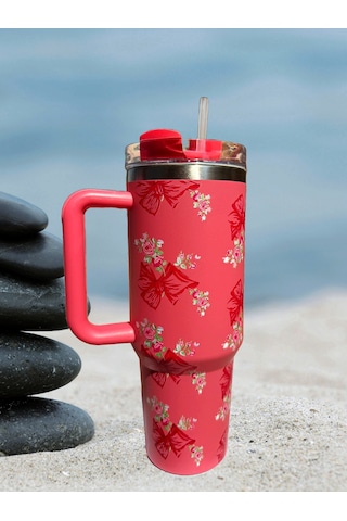 Pipetli 1,2 Litre Kulplu Çelik Termos Renkli - Kırmızı Kırmızı