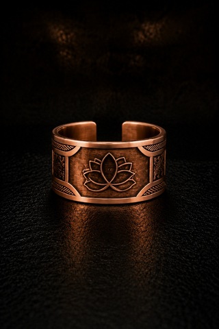 Erkek Bakır Yüzük Otantik El İşçiliği Ayarlanabilir Tasarım - Lotus Motifli