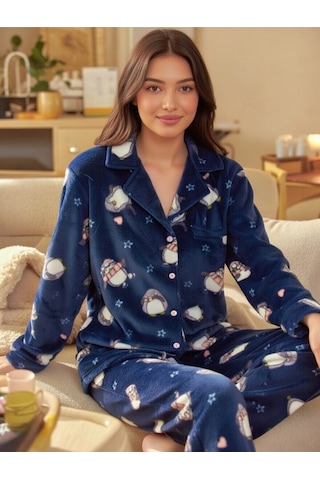 Rukod Kadın Mavi Penguen Desenli Polar Gömlek Yaka Düğmeli Uzun Altlı Pijama Takımı Lacivert