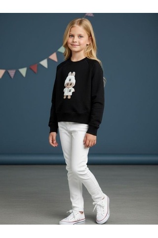 Kız Çocuk Pamuklu Karakter Baskılı Oversize Tasarım Sweatshirt-16454 Siyah