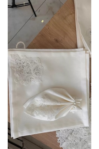 Sofra Takımı Mimoza Gardenya Keten Yemek Takımı 160x220 Masa Seti 26 Parça Runner Set Krem