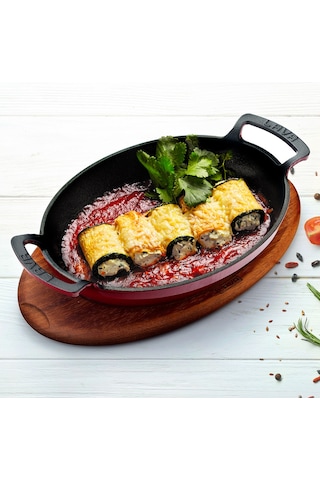 Lava Döküm Oval Kulplu Tava ve Ahşap Altlıklı. Ölçü 23x17cm. - Kı