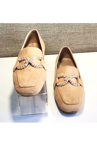 Aycan 1616 Kadın Süet Taşlı Babet Ayakkabı Süet Kum Bej