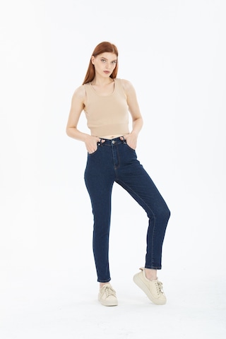 Kadın Mavi Yüksek Bel Yumuşak Dokunuşlu Rahat Kesim Mom Jeans Kot Pantolon Koyu Mavi