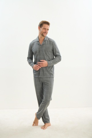 Erkek Uzun Kol Gömlek Yaka Önden Düğmeli Gri Pijama Takım C3t2n5o9 001