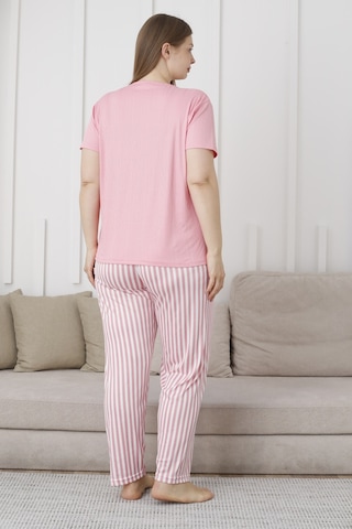 Wordex Mirano 3503 Çizgili Pijamalı Kısa Kollu Büyük Beden Pegasus Kumaş Kadın Pijama Takımı Pembe
