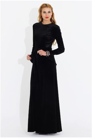 Nidya Moda Büyük Beden Kadife Peplum Elbise-4044S Siyah