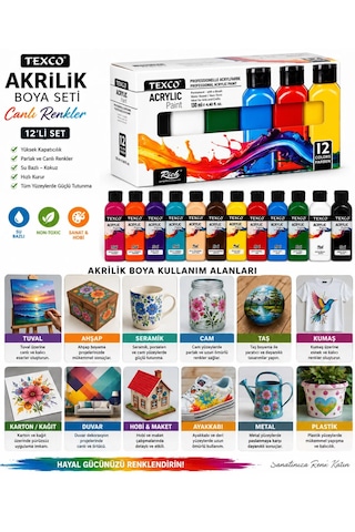 Texco Akrilik Boya Seti 12 Renk 130 Ml Canlı Renkler Rich Karma Fırça Seti 7li Set Karışık Renk