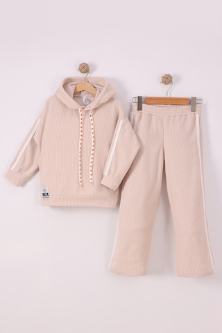 Monox Kız Çocuk Çiçek Baskılı İpli Şeritli Pantolon Fitilli Polar Takım Bej