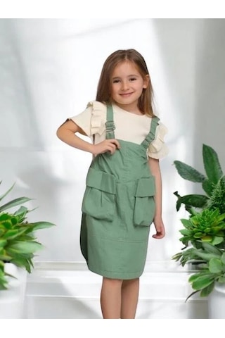 Kız Çocuk Büyük Cepli Askılı Salopet-14133 Yeşil
