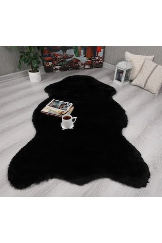 Tavşan Tüyü Dekoratif Ultra Yumuşak Post Peluş Kaymaz Halı Siyah