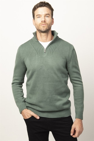 Tudors Slim Fit Dar Kesim Dik Yaka Fermuarlı Erkek Kazak-26349 Yeşil