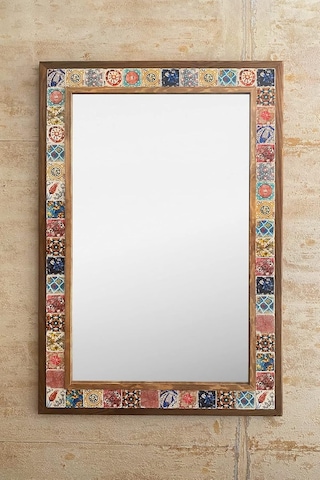 Oscar Stone Decor Ahşap Çerçeveli Mozaik Taş Mermer Ayna 63x93 Cm Seramik Eskitme Çini Desenli Diğer