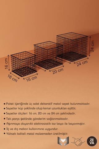 Siyah 3'lü Büyük-orta-küçük Boy Metal Dekoratif Çok Amaçlı Sepet