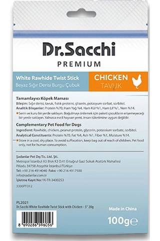 Dr.sacchi Premium Tavuklu Beyaz Sığır Derisi Burgu Çubuk Tahılsız Köpek Ödülü 5 5li 100 Gr 109-30005.01