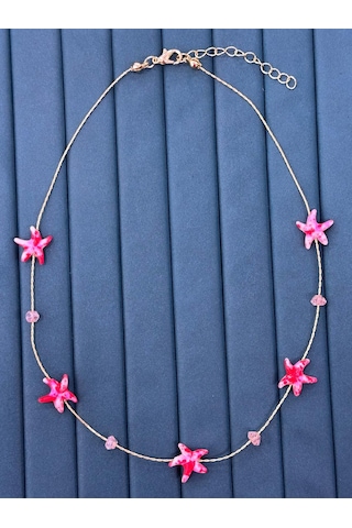 Premium Parlak Gold Renk Pembe Deniz Yıldızı Figürlü Boncuk Detaylı Zincir Kadın Bijuteri Kolye 45cm Altın