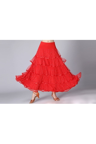 Sones Pullu Salıncak Modern Dans Uzun Etek Yarışma Kostümü Kırmızı