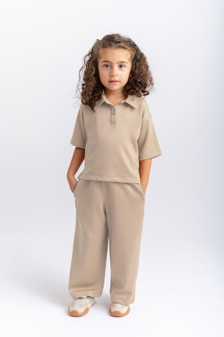 Oliventhekid Unisex Polo Yaka Bol Paçalı Takım Bej Bej