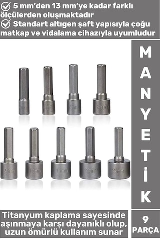 Premium Uzun Ömürlü Aşınmaya Dayanıklı Matkap Vidalama 5 Mm-13 Mm 9 Parça Manyetik Somun Adaptörü