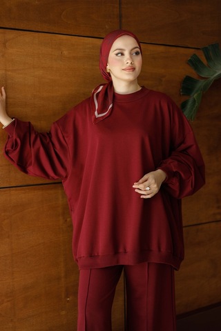 Moonsc Kadın Oversize 2 İplik Tesettür Takım Bordo