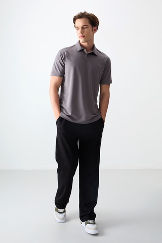 Tommy Life Koyu Gri Pamuklu Kalın Yumuşak Dokulu Polo Yaka Oversize Fit Basic Erkek T- Shirt - 88381 Koyu Gri