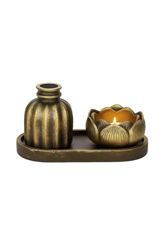 Mireva Lotus Tealight Mumluk Ve Mini Vazo Seti Dekoratif Tepsi Üzerinde Altın Renk Mumluk Seti, Masa & Sehpa Ev Dekoru, Meditasyon Ve Spa Dekorasyon Siyah