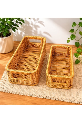 Morponi 2'li Dikdörtgen Hasır Rattan Organizer Sepet Shr343 Sarı