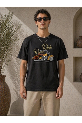 Novalisse Erkek Motosiklet Baskılı Tişört Bisiklet Yaka Kısa Kol Yazlık T-shirt - Siyah