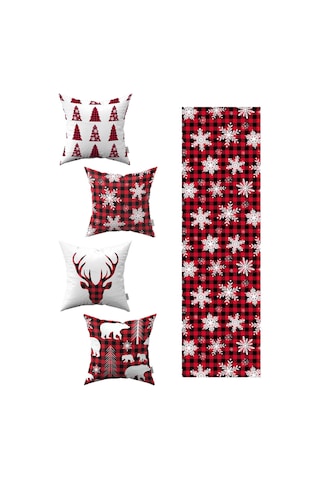 Kırmızı Siyah Ekose Yılbaşı Temalı 4'lü Kırlent Kılıfı 1 Runner Seti 4kmbs84-rs-01