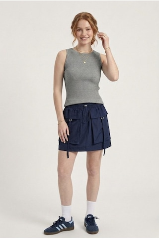 Neden Tekstil Kadın Fitilli Triko Atlet Slim Fit Yazlık Kolsuz Bluz - Gri Melanj